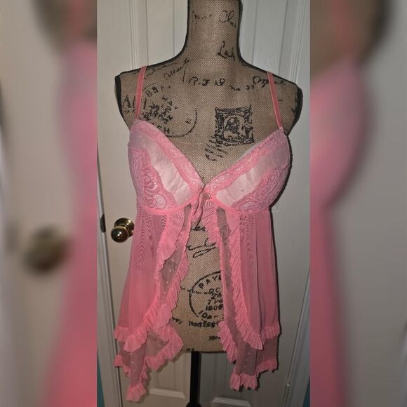 🎀Jessica Simpson Pink Lace & Mesh Ruffled Babydoll Chemise Lingerie Dress🎀 - Picture 1 of 4